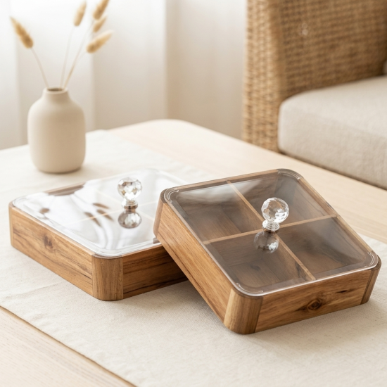 Wooden Four-Section Serving Platter with Acrylic Lid Large